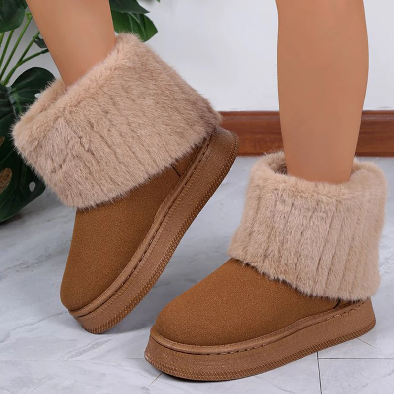 Botas de nieve cálidas de felpa cortas de invierno para Mujer, botas de nieve de piel sintética de Camel a la moda, botines de plataforma antideslizantes para Mujer