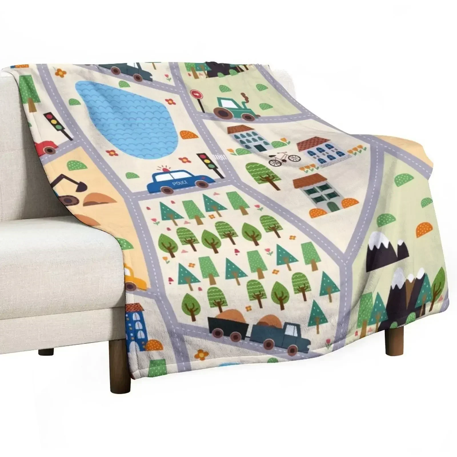 

kids seamless, all over road print with cars, trees, trains, lakes Throw Blanket Shaggy Quilt Furrys Heavy Blankets