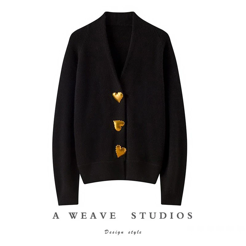 Autumn and winter new black V-neck single breasted loose fitting women's knitted cardigan classic casual retro wool blend winter