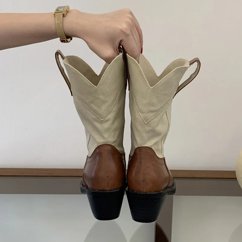 Aneikeh Pointy Toe Low Block Heel Mid Calf Western Boots Vintage Color Block Leather Cowboy Boots Women Ladies Casual Shoes