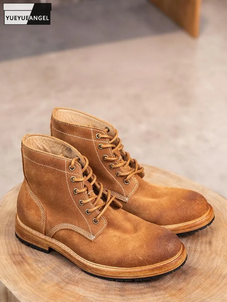 Handmade Mens Retro Real Suede Leather Yellowish-Brown Mid Heel Shoes Work Lace Up Fashion Thick Platform Wear Resistant Boots