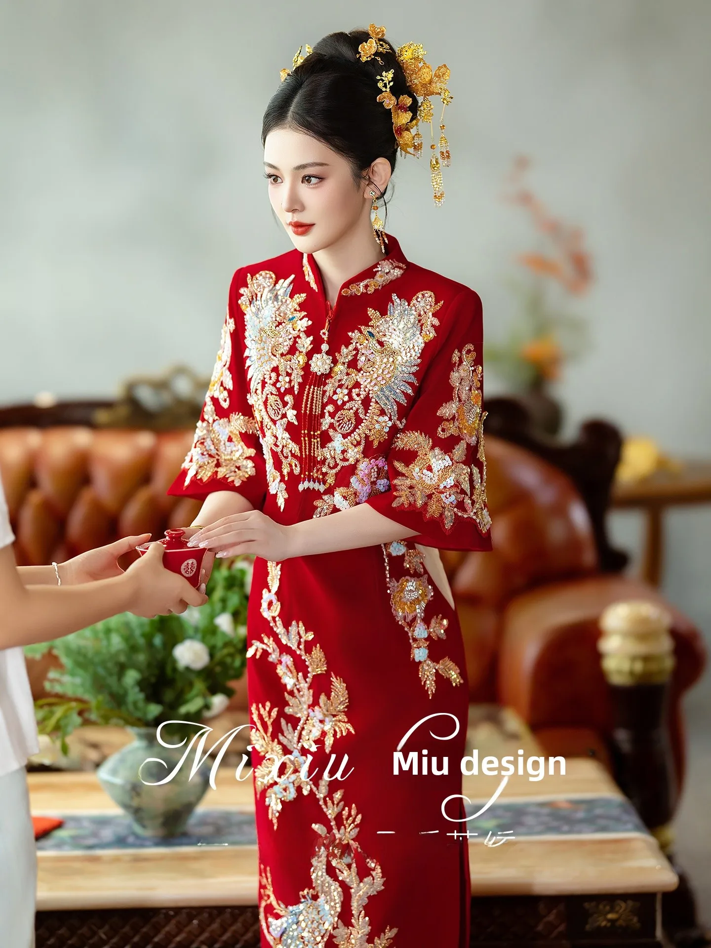 

Velvet Chinese Sle Wedding Qipao High End New 2025 ow He Wedding Dr New Bride Drinking Ceremony Costume Set