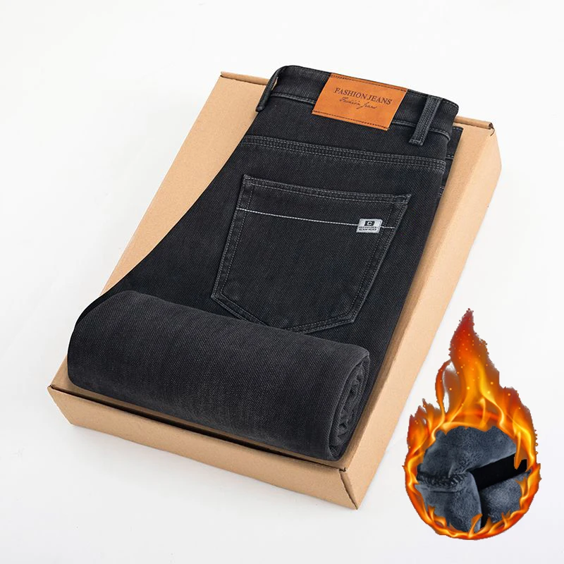 Hot Sale Men Winter Thickened Warm Denim Pants Male Fashion Wear-resistant Straight Leg Jeans Classic Blue Gray Fleece Trousers