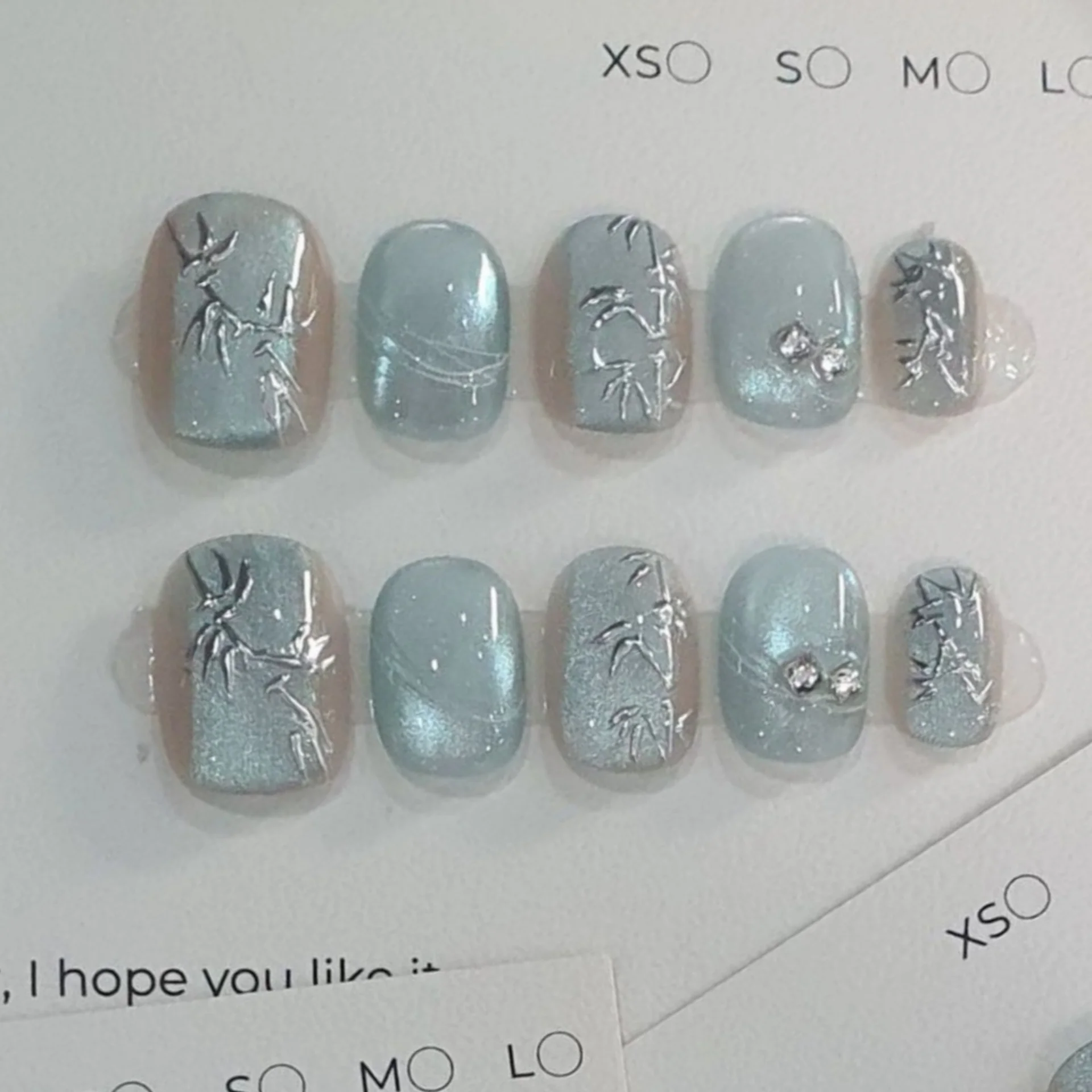 10pcs Ocean Blue Handmade Nails Press on Glitter Star Design Fake Nails Tips Short Square Round False Nail Art Wearable Manicure