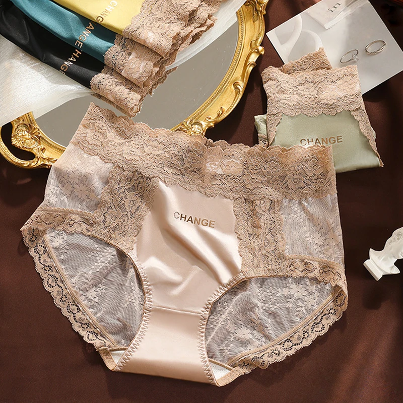 Fashion Women's Satin Underwear Sexy Lace Panties Hollow Out Mid Waist Briefs Female Seamless Ladies Soft Underpants Lingerie