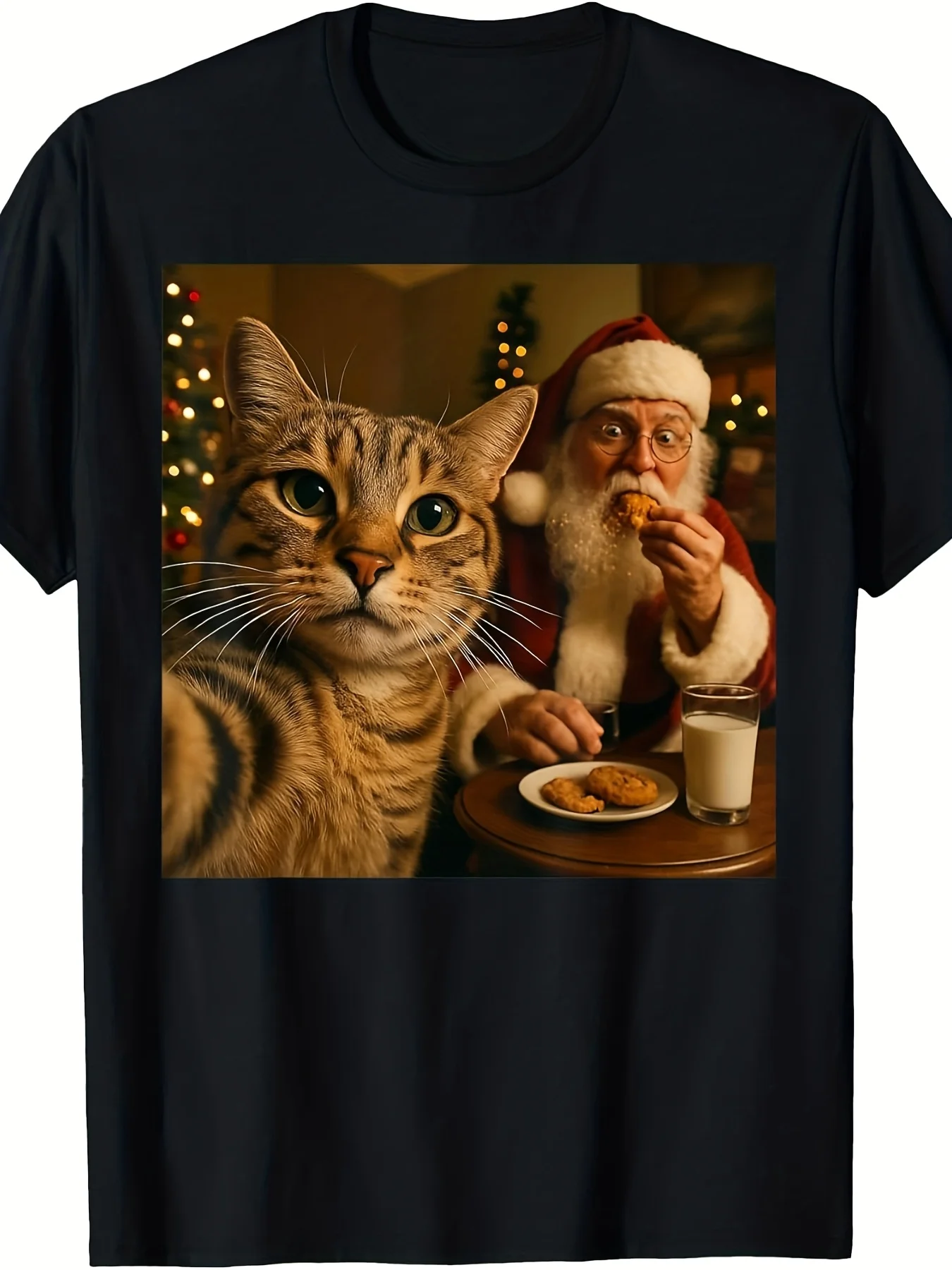 Humorous Feline Photo with Santa Claus Christmas Meme T-Shirt