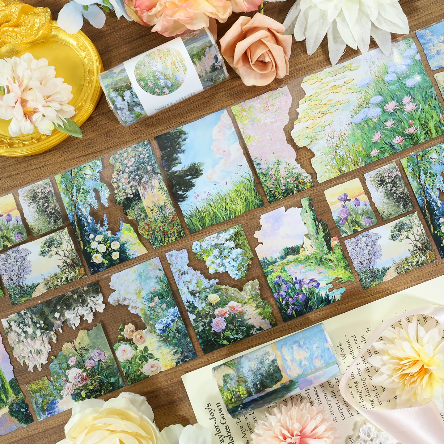 80mm*200cm Vintage Painting Plant Flower Cloud Landscape PET Tape Creative DIY Journal Material Collage Scrapbooking Stationery