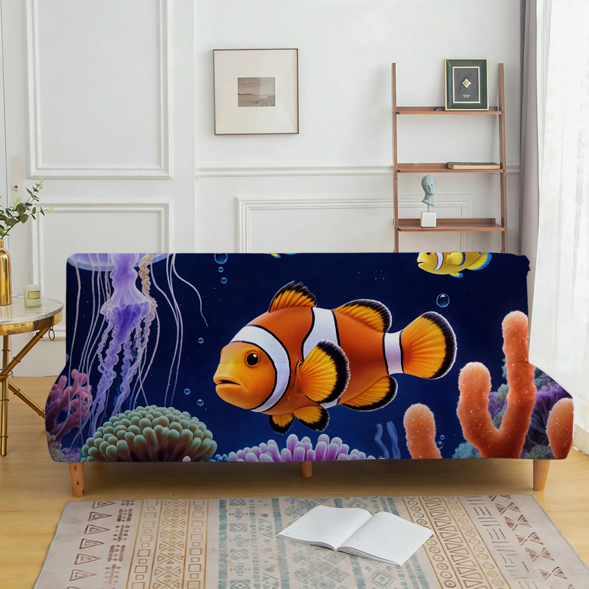 Cartoon clown fish sofa bedspread, elastic armless sofa cover, dustproof and non-slip furniture protector