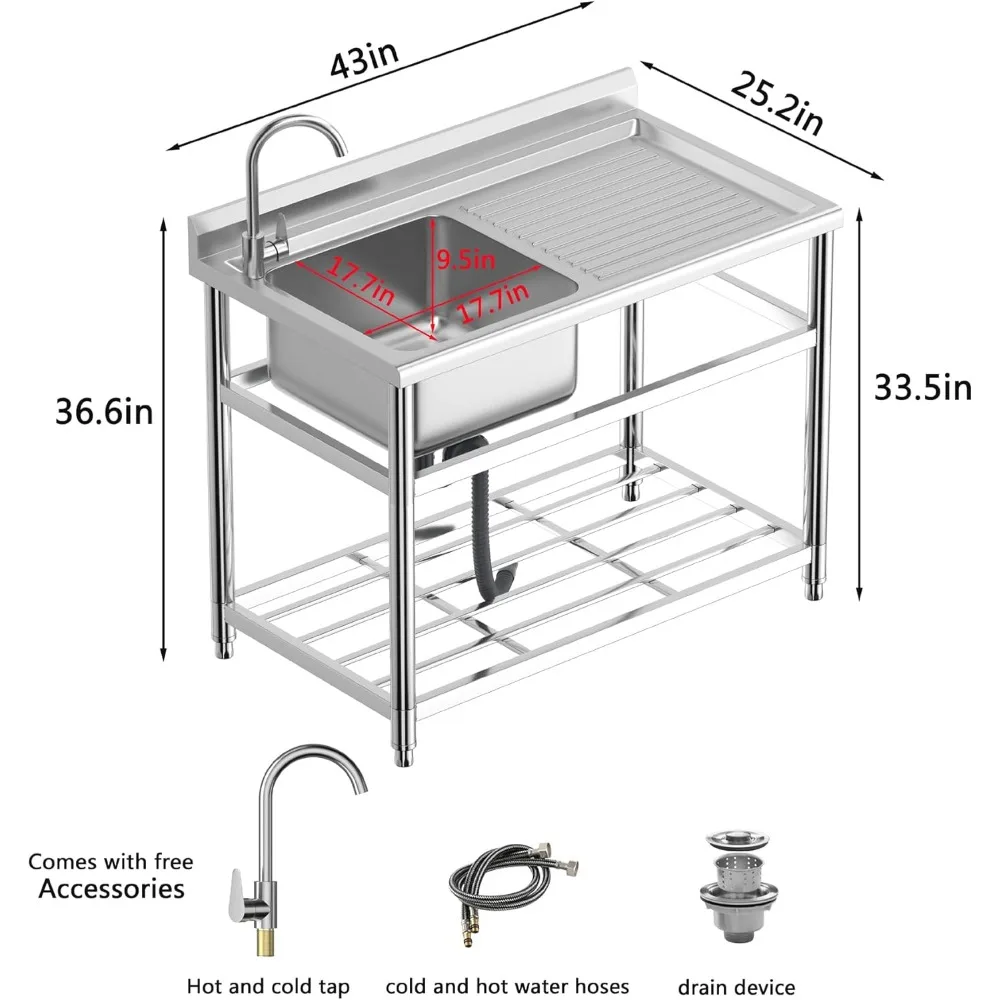 حوض أدوات من الفولاذ المقاوم للصدأ من الدرجة التجارية مع لوح تصريف وصنبور، 43 حوض إعداد قائم بذاته لاستخدام المطبخ #2