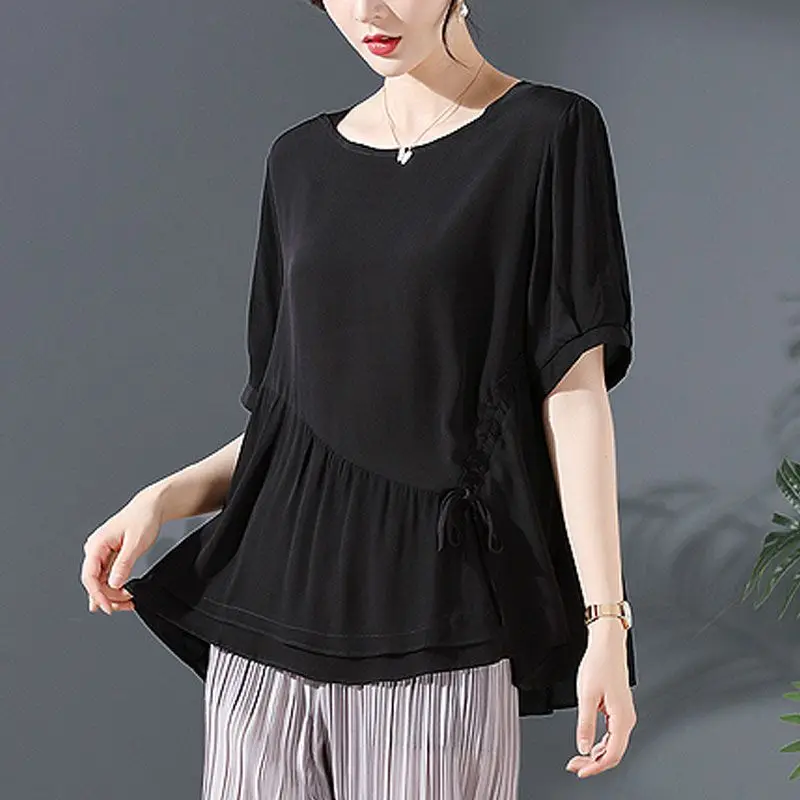 Fashion Loose Shirring Lace Up Irregular Blouse Women\'s Clothing 2023 New Casual Pullovers Asymmetrical Shirt