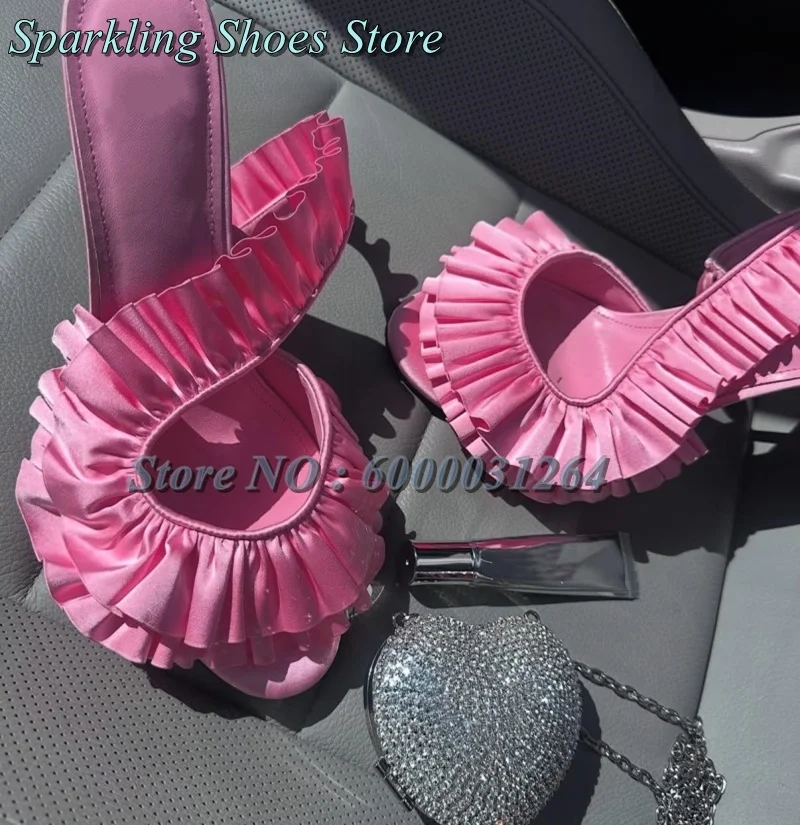 

Fairy Satin Trimmed Ruffles Mule Sandals Round Toe Stiletto Slip On High Heels Luxury Solid Leopard Print Fashion Pleated Shoes