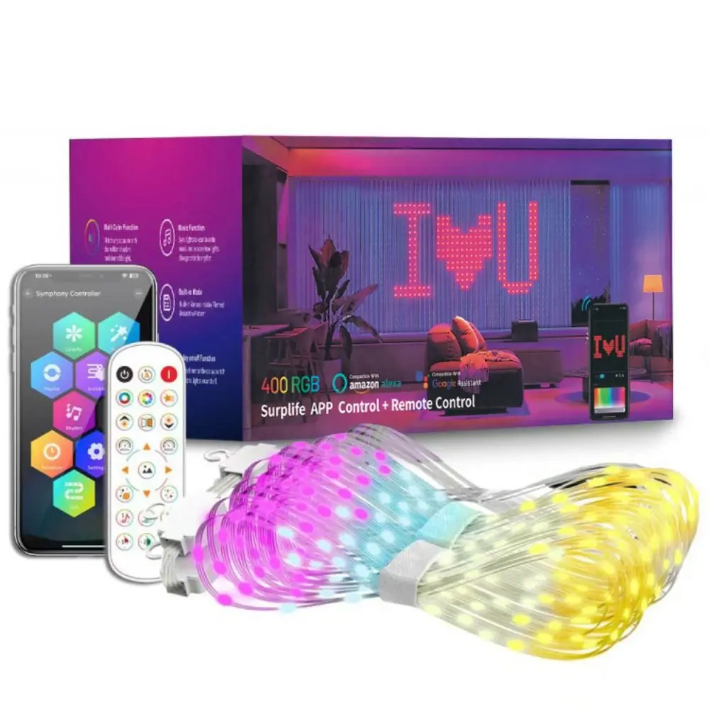 APP Controlled Fairy String Lights Music Sync DIY Pattern LED Curtain Lights IP65 Waterproof USB Powered Smart Lights