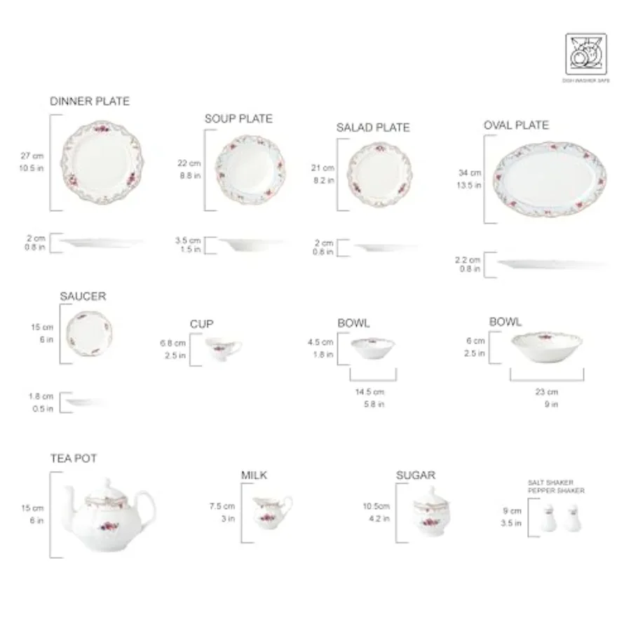 طقم أواني طعام صينية مكون من 57 قطعة، خدمة لـ 8 قطع، زهور مع زخرفة زرقاء وذهبية