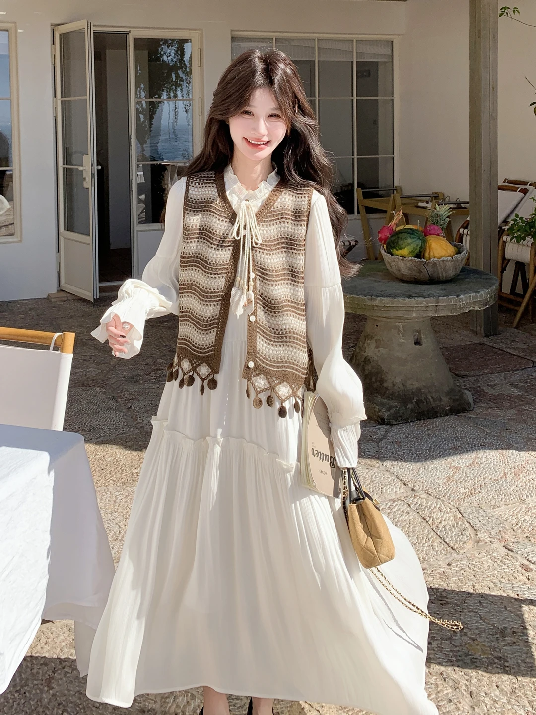 

Women's Chic Wooden Trim Dress Set Knitted Tassel Striped Two-Piece Suit Spring Autumn High Waist Short Length Regular Fit