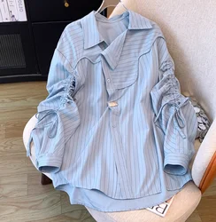 SuperAen Irregular Striped Drawstring Shirt for Women Summer New Design Korean Style Loose Shirts Tops