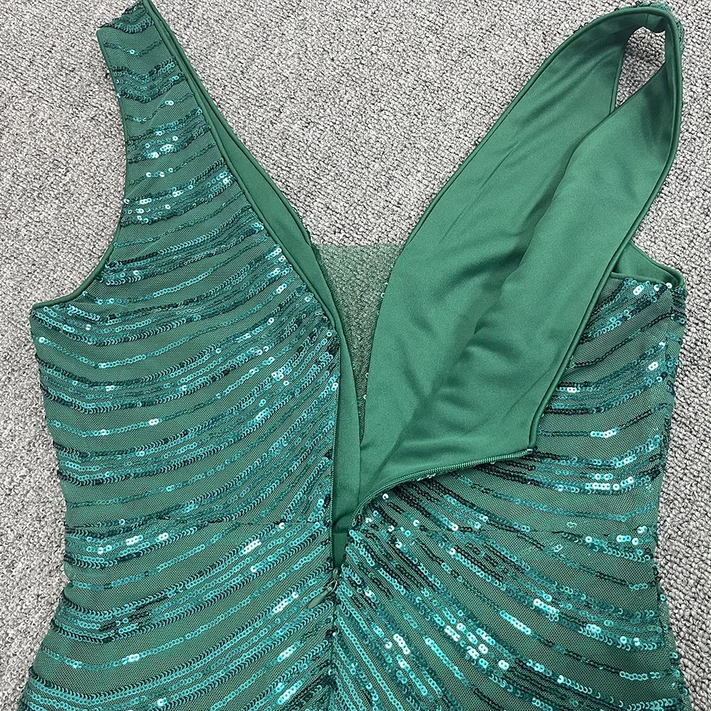 New Double V Neck Sleeveless Evening Gown Sexy Mermaid Women's Party Dress Green Gradient Sequin EveningGown Vestidos De Fiesta