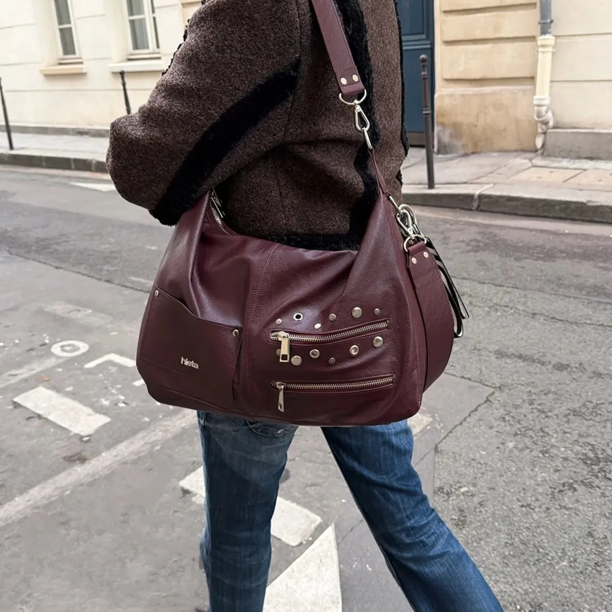 Hieta Large Capacity Rivet Motorcycle Tote Bag Crossbody Handbag Soft Cotton  Unisex Shoulder Bag Square Shape