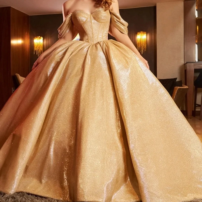 

Gold Off Shoulder Shiny Ball Gown Elegant Sleeveless Quinceanera Dresses 2024 Classic Sequin Sweet 16 Dress Vestidos 15 De Novia