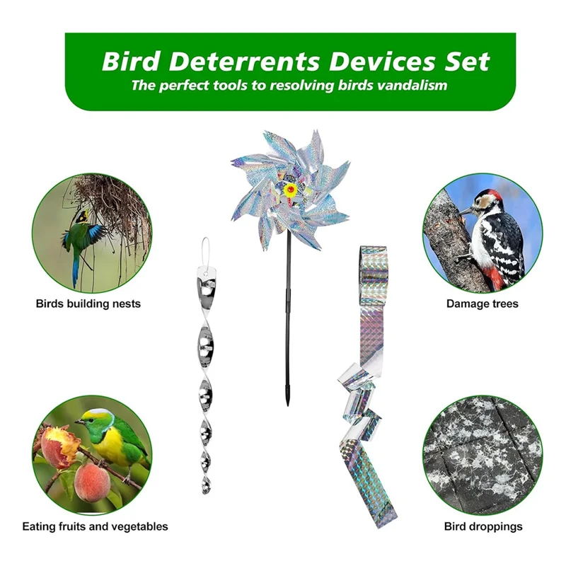 Kit dispositivi deterrenti LICE-Bird, set da 27 pezzi con 20 aste riflettenti per spaventare, 6 girandole con picchetti e un rotolo di nastro spavento Du