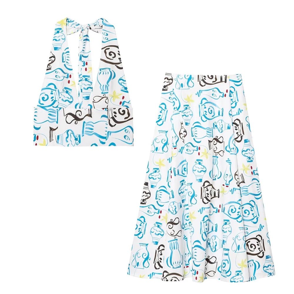 

2025 New Fashion Women's Clothing European and American Style Printed Poplin Short Top Midi Skirt Set