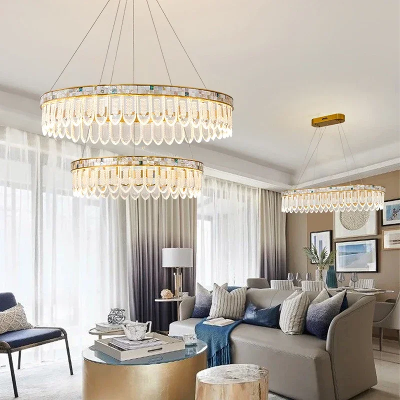 

Nordic Glass Pendant Lights For Living Room Round Led Hanging Lamps Home Decor Ring Chandelier Lights Shell Frame Lustre
