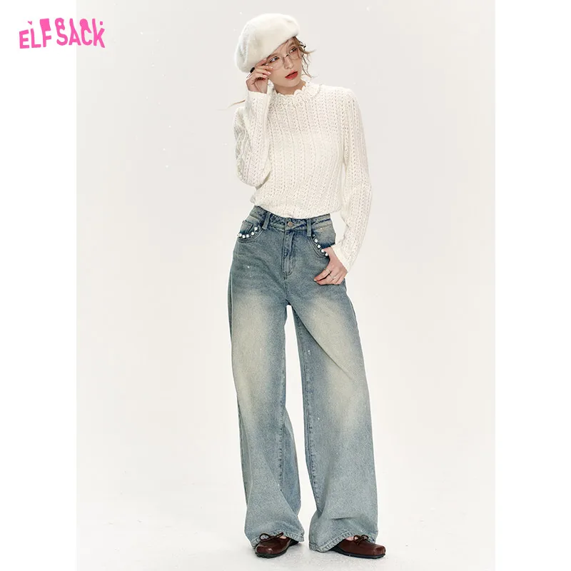 ELFSACK 2024 Winter New Arrivals White semi high collar lace base shirt, women pearl inner top Christmas