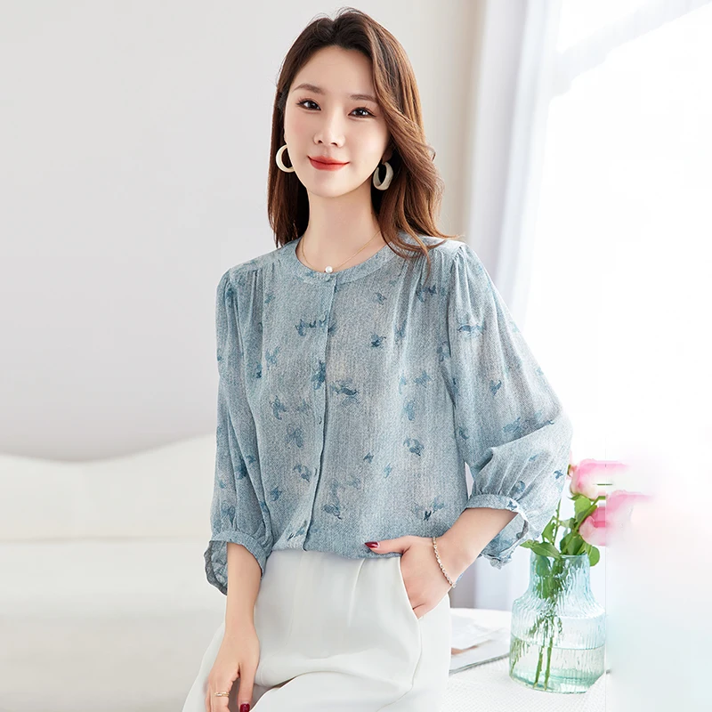 

Ink Beauty Lady Women's Summer Loose-Fit Crepe de Chine Blouse - Comfortable Round Neck Long Sleeve Silk Shirt