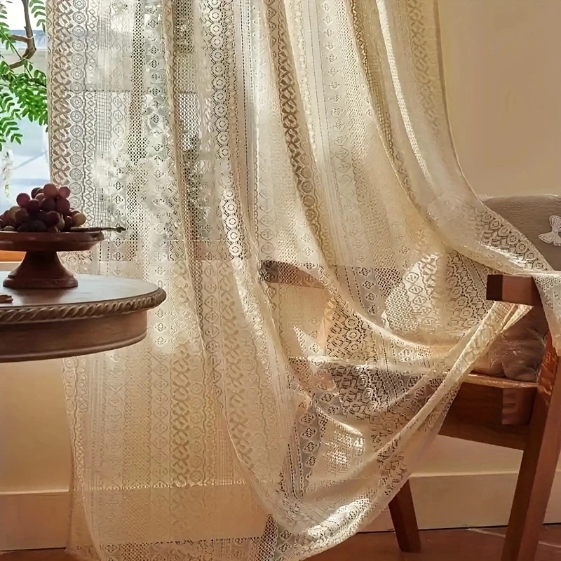 Beige Circular Striped Lace Curtains, Living Room, Bedroom, Balcony Curtains, Party Window Decorations