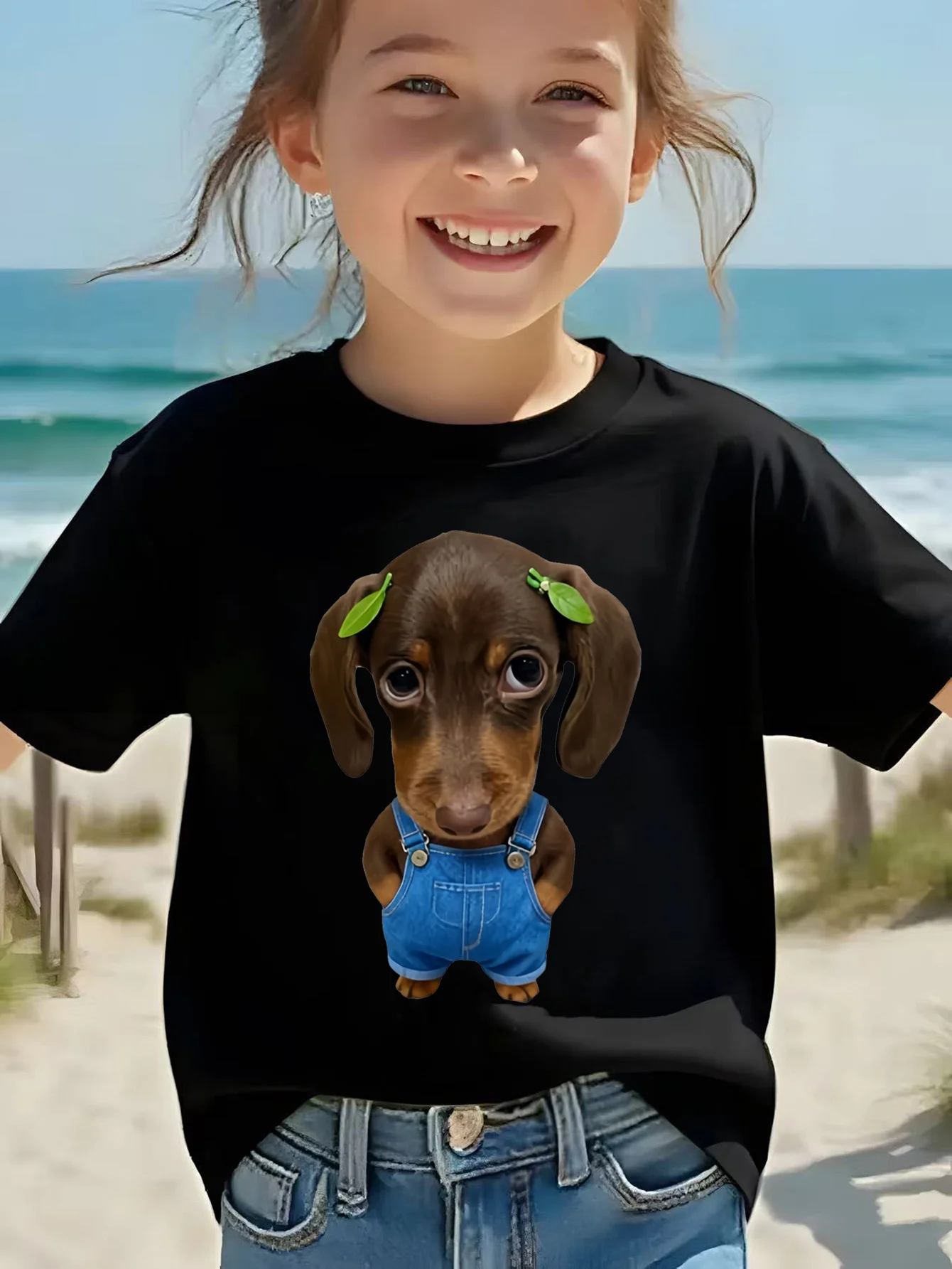 Cute Dachshund Puppy Overalls Print Family Matching T Shirt Boys Girls Short Sleeve Parent Child Soft Cotton Daily Tops