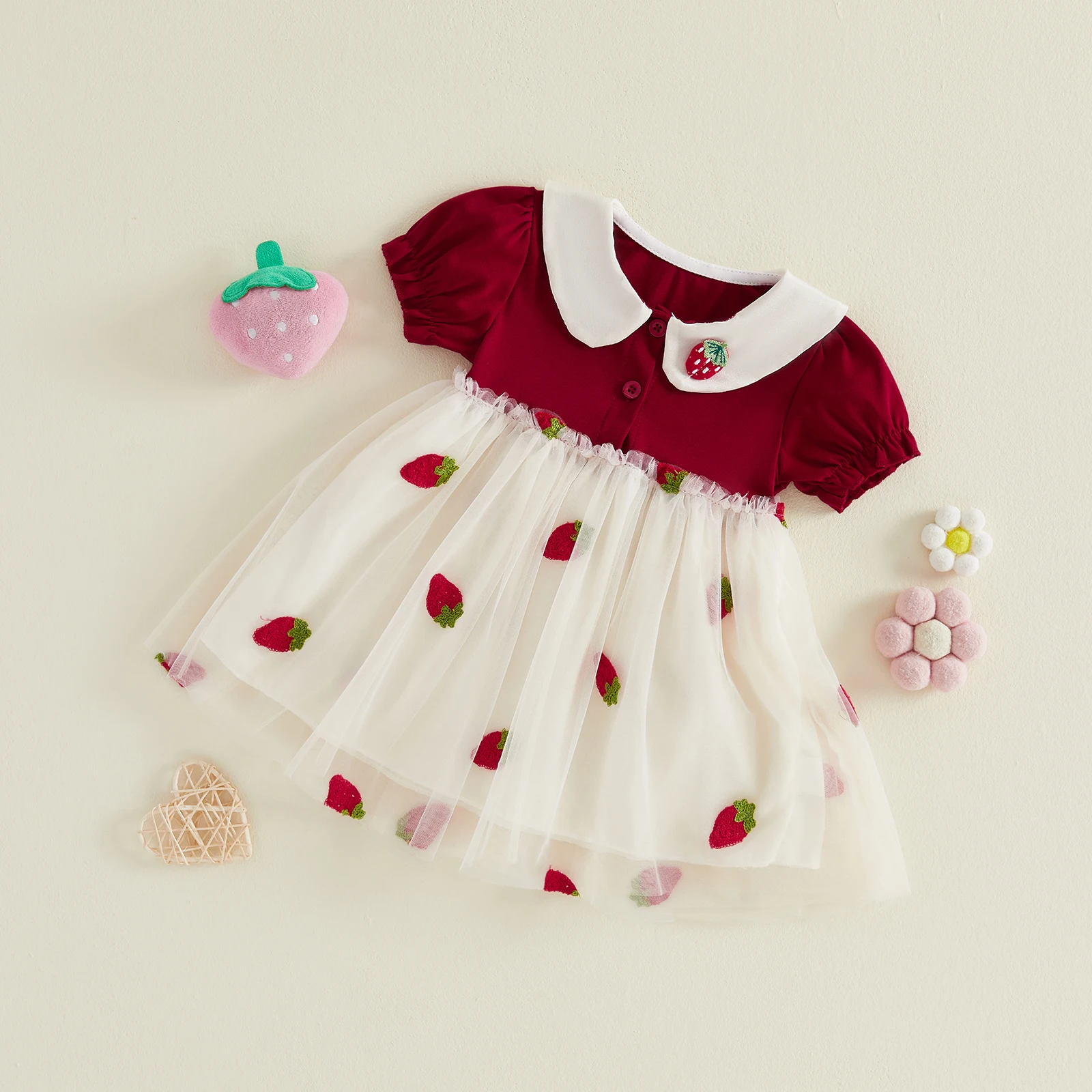 Summer Toddler Baby Girl Strawberry Dress Tulle Patchwork Doll Collar Short Sleeves A Line Princess Party Dresses