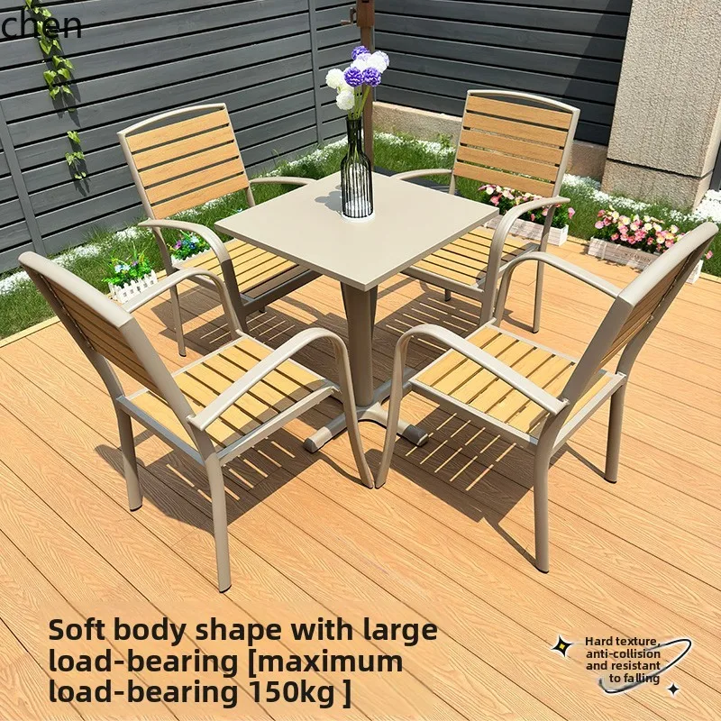 HT outdoor carbon steel dining table plastic wood chair outdoor balcony combination sitting area negotiation table and chair set