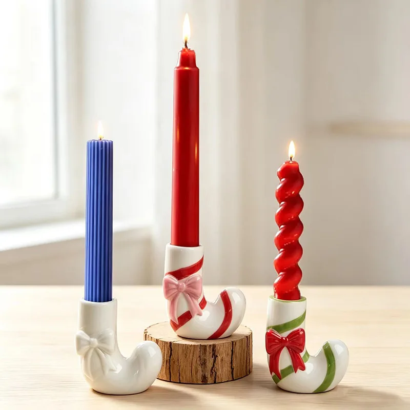 Christmas Candy Cane Ceramic Candle Holder,Cute Christmas Stocking Shape Candle Stand,Xmas Holiday Party Table Centerpiece Decor