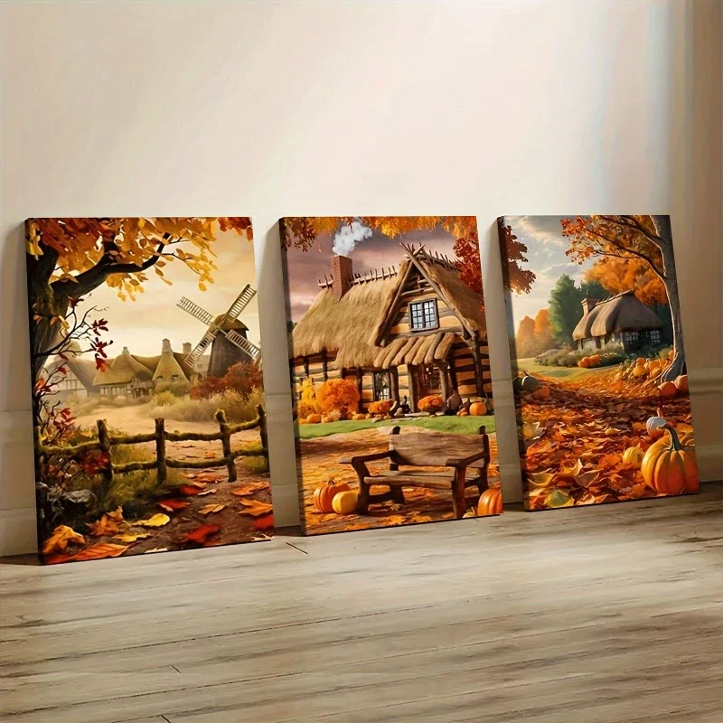 Countryside Thatched Cottage Pumpkins Poster Prints Autumn Scenery Canvas Painting Wall Art Picture for Living Room Home Decor
