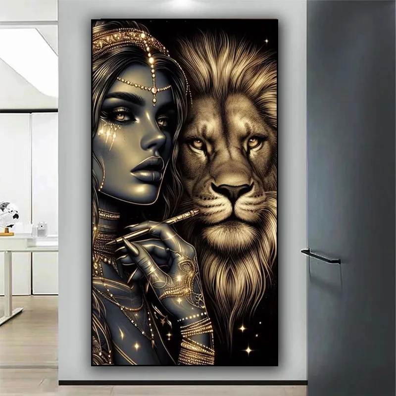 Large Golden Woman and Lion DIY Diamond Painting New 2024 jewelry Cross Stitch Kit Mosaic Diamond Embroidery For Home Decor