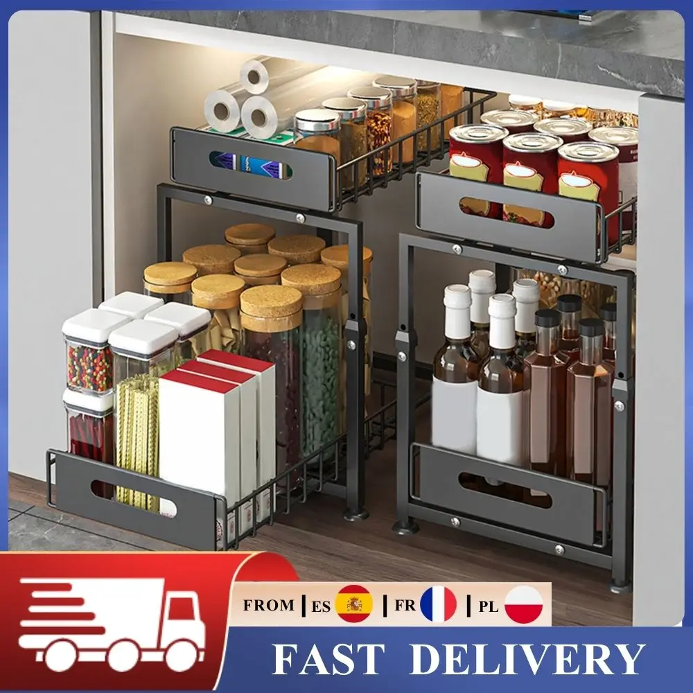 Étagère de rangement pour armoire de cuisine, organisateur sous-évier réglable à 2 niveaux, pour bols, assiettes et pots à épices, étagère coulissante à niveaux