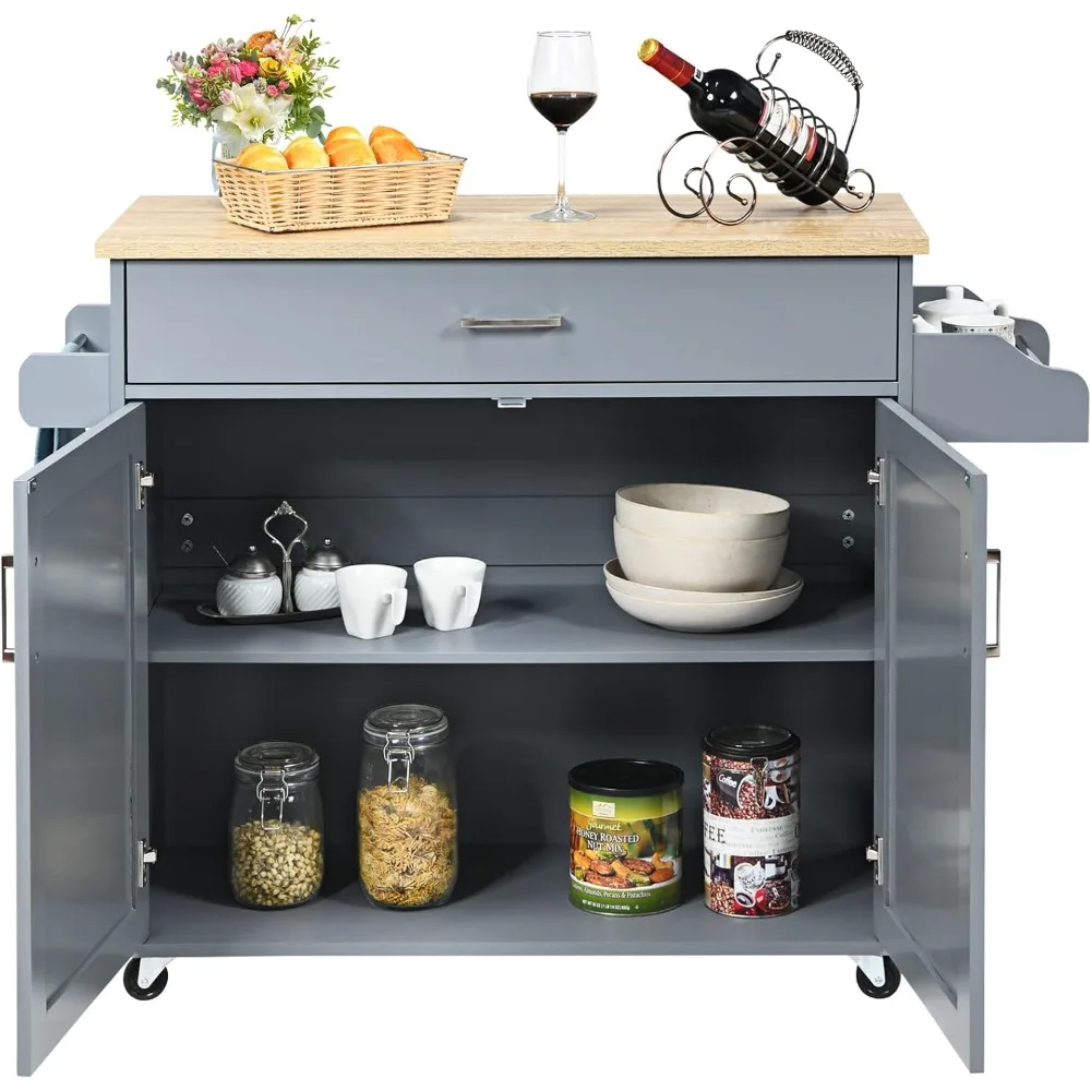 Kitchen Island Cart with Storage Cabinet on Wheels, Spice Rack Towel Rack & Drawer