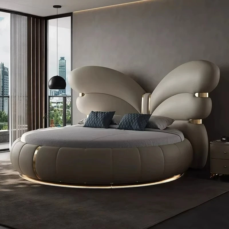 Deluxe soft double bed cream style butterfly round bed shape master bedroom or hotel