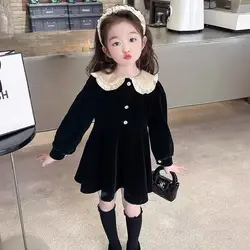 2025 spring Girls Dresses Kids Autumn Velvet corduroy Gown Princess Black Party Vestidos Children Long Sleeve A-LINE 5 8 10 year