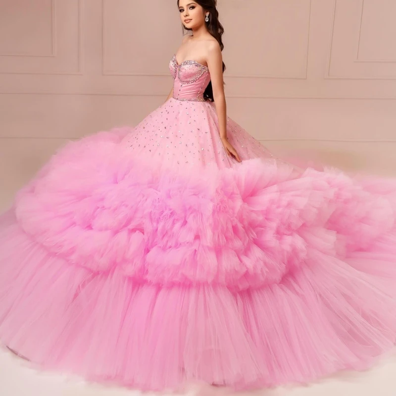 

Pink Quinceanera Dresses Ball Gown Off The Shoulder Beading Crystal Tiered Tull Party Birthday Sweet 16 Dress Vestidos 15 De