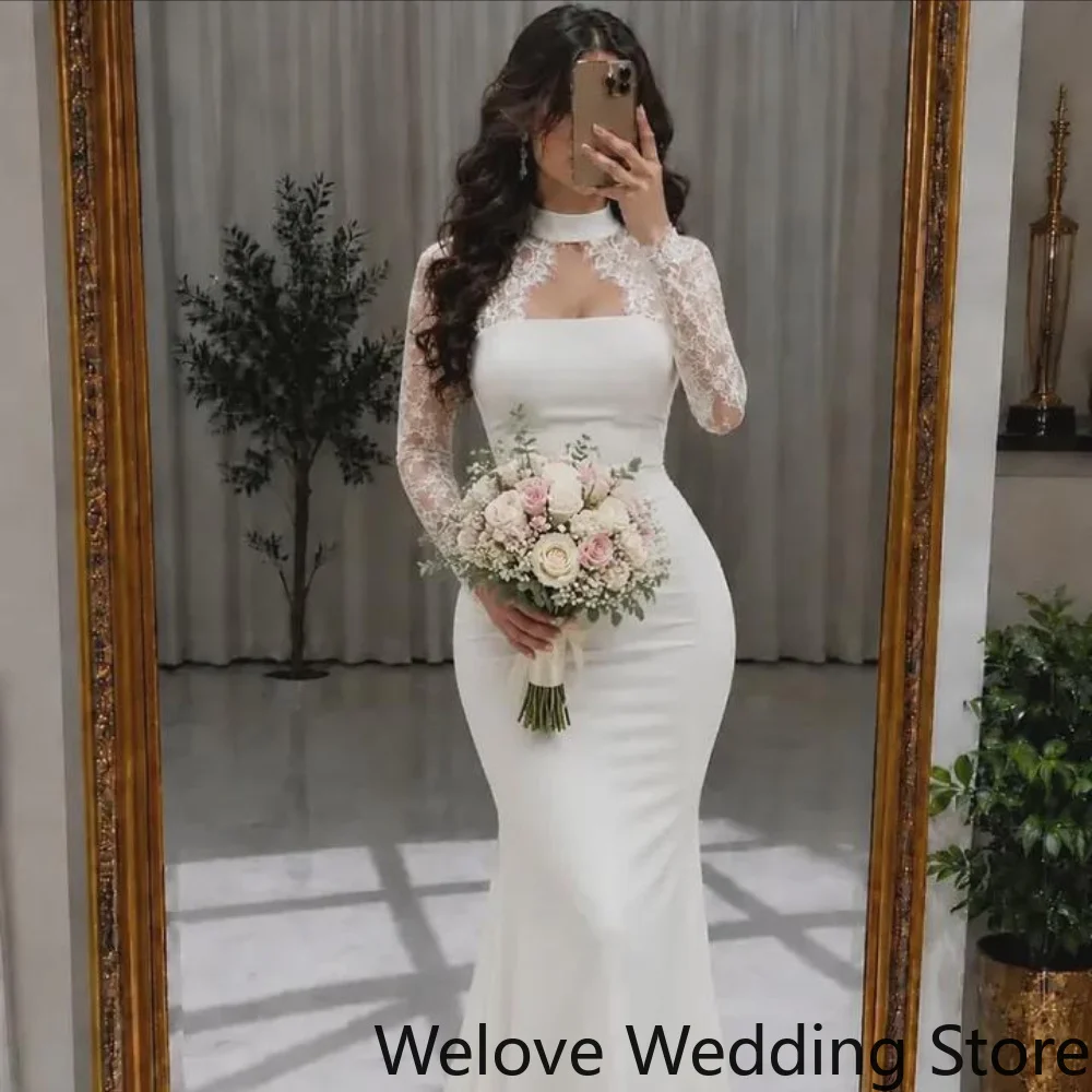 Wedding Dress Long Lace Sleeves Square Chest Cutout Fitted Bodice Flowy Mermaid Skirt With Small Train Elegant Bridal Gown