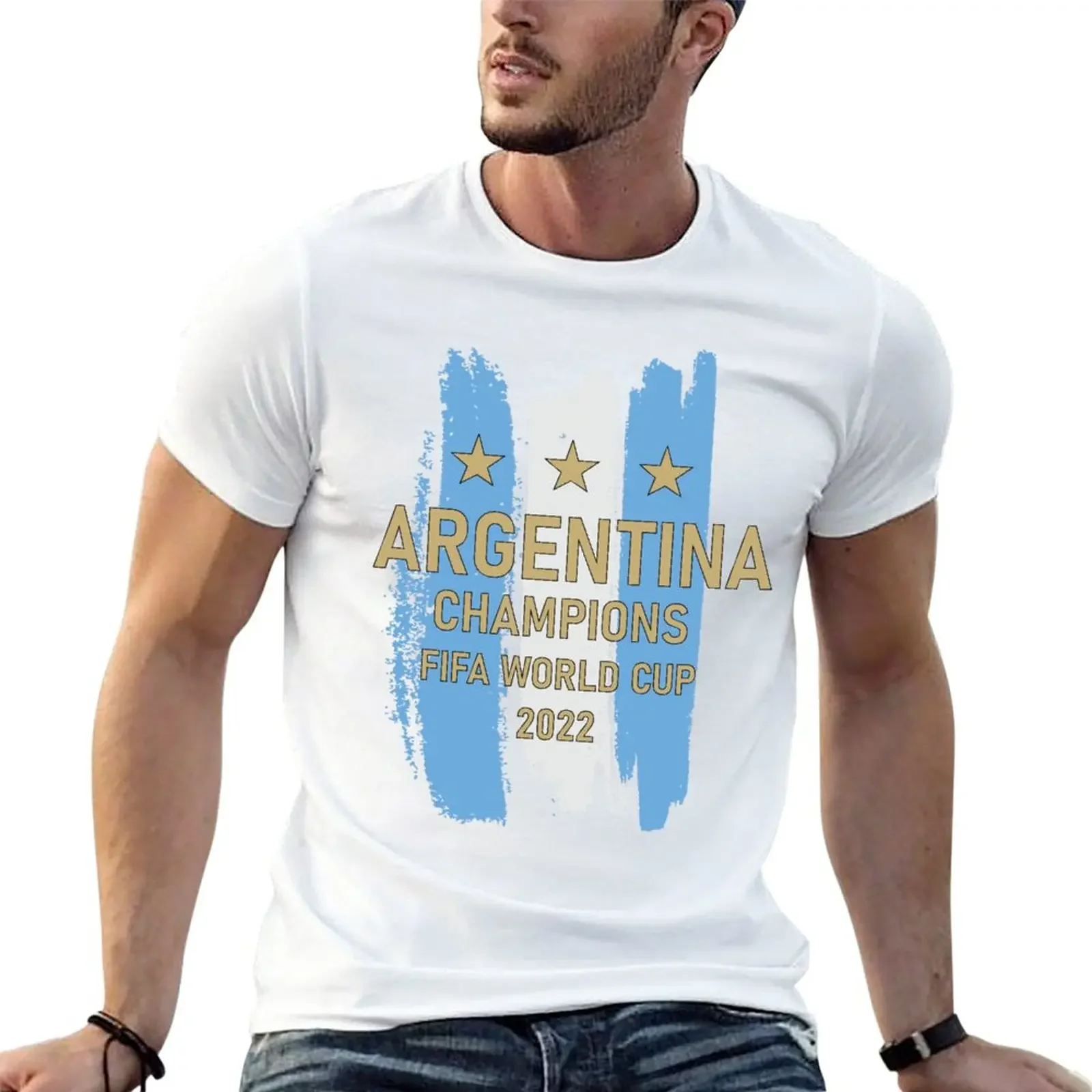 Argentina Champion 3 stars T-Shirt Tee vintage clothes korean fashion for men pack heavyweight Round Neck manga anime Informal