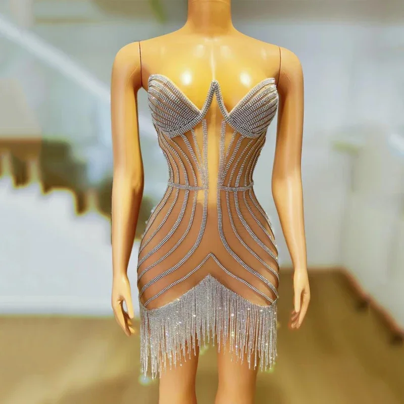 

Сексуальный топ без рукавов со стразами и бахромой, женское вечернее платье для выпускного вечера, наряд для празднования дня рождения, сценический костюм XS5171