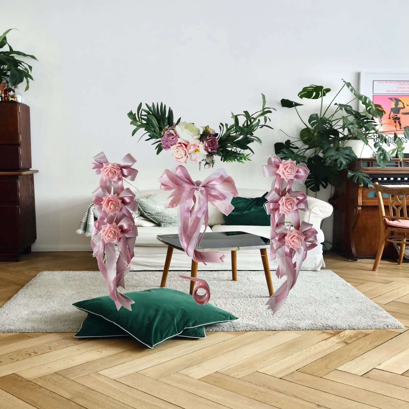 Kit de fleuriste de luxe pour voiture de mariage avec rubans décoratifs, fleurs en soie et nœuds pour célébration personnalisée de la mariée