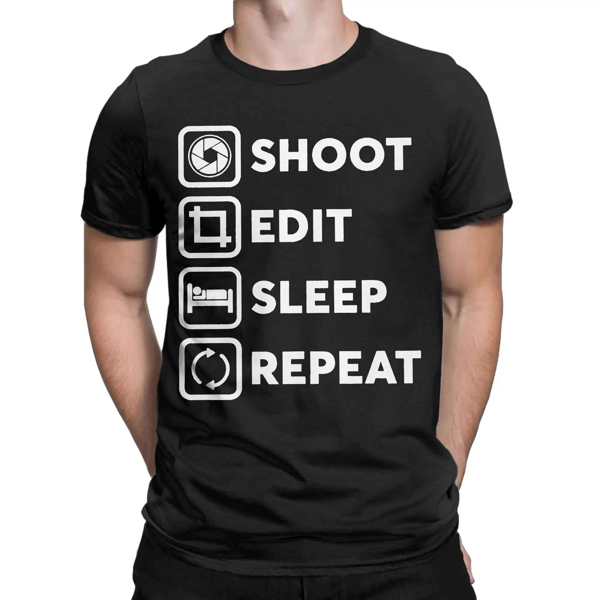 Harajuku Shoot Edit Sleep Repeat T Shirt Men Cotton Short Sleeve Photographer Round Neck Summer Tops Shirts