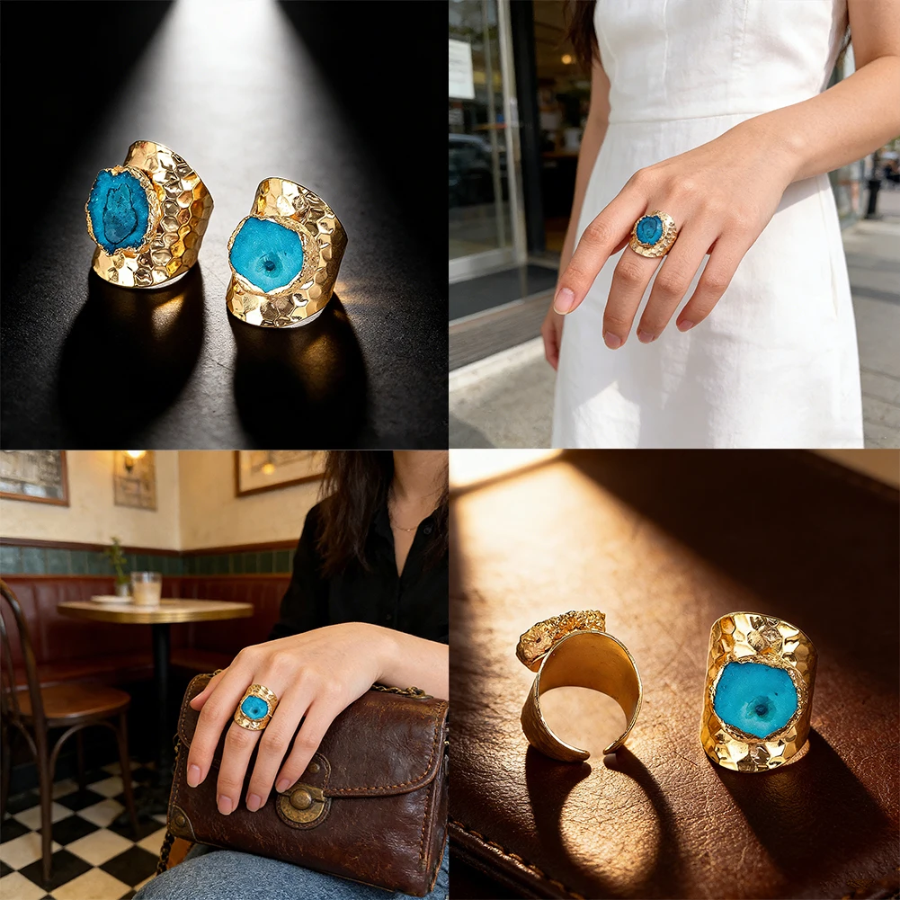 Vintage Hammered Gold Wide Band Open Ring with Natural Blue Agate Druzy for Women Chunky Statement Jewelry Supply Wholesale