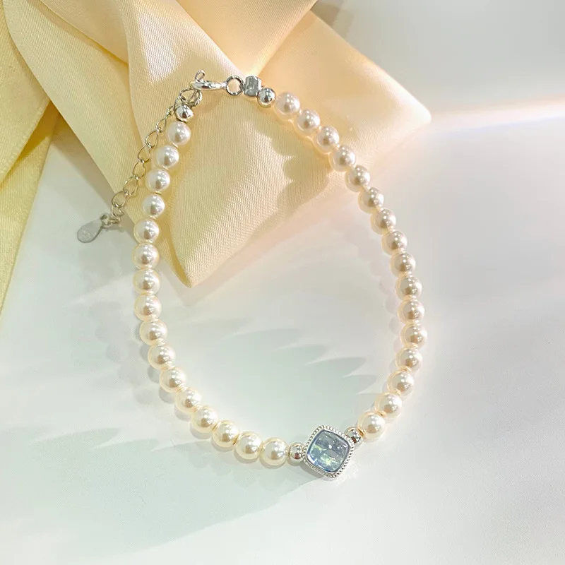 20cm Silver Bracelet For Women Pearl Bracelet Silver 925 Jewelry Fashion Chain Bracelets Female Girls Square Blue Zircon