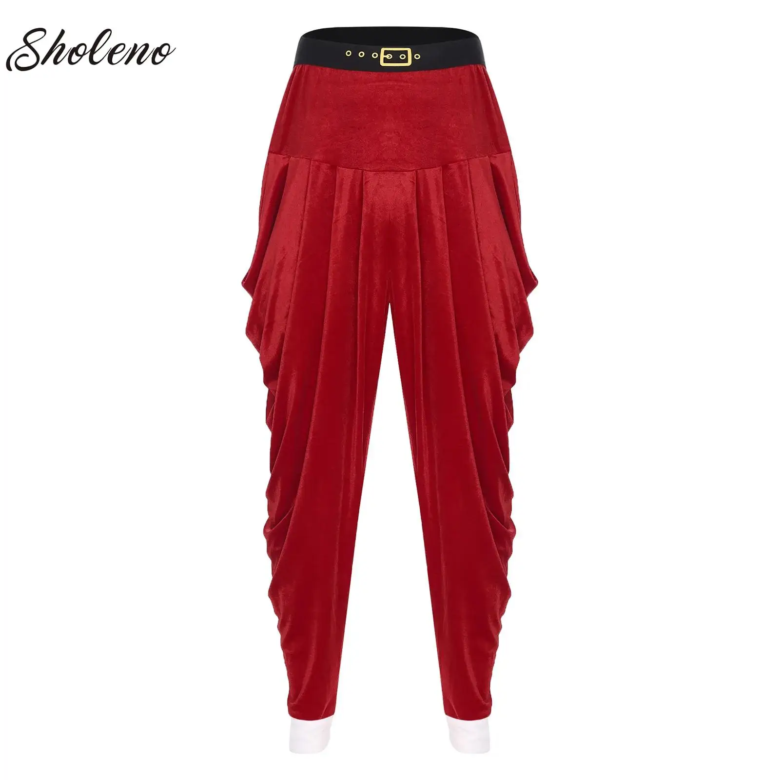 

Mens Adult Christmas Santa Claus Cosplay Costume Red Velvet Long Baggy Pants Trousers for Xmas Party Holiday Festivals Bottoms