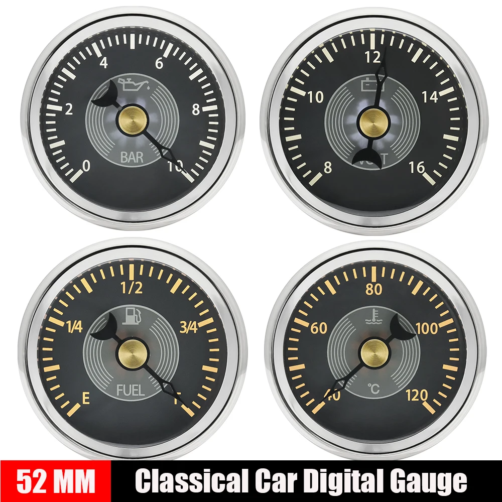 52mm Classical Oil Pressure/Vlotage/Fuel Level/Water Temperature Gauge with Black Yellow LED Adjustable 0-10Bar for Car Boat