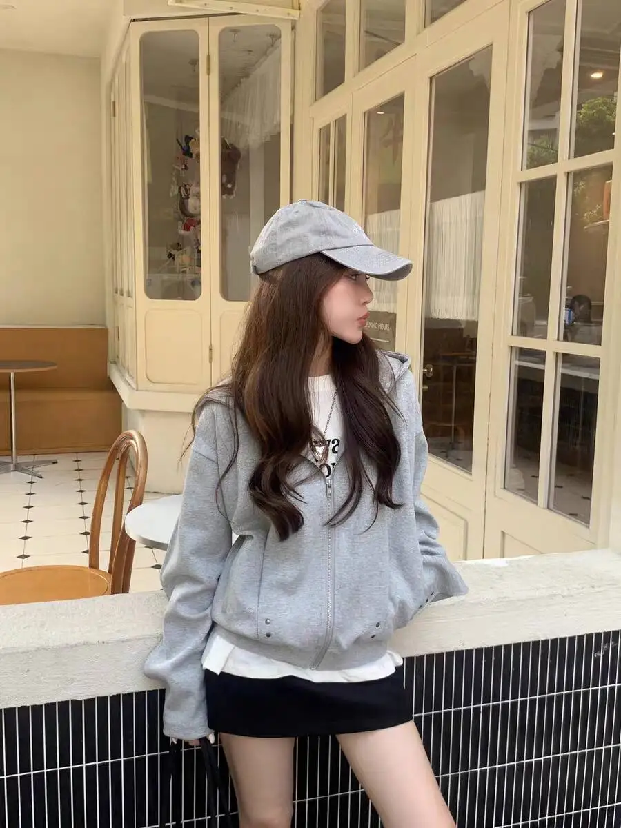 

Gray Hoodie Jacket Women's Loose Casual Rivet Design Early Autumn New Style Trendy Open Cardigan Top Commute Style Long Sleeve