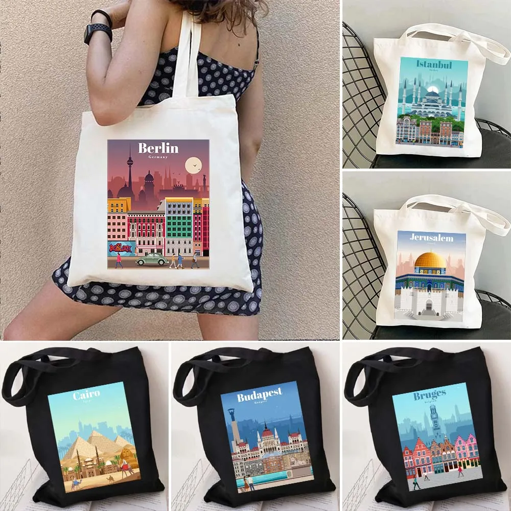 Istanbul Jerusalem Athens Bali Bangkok Barcelona Berlin Budapest Cairo Women\'s Canvas Shoulder Shopper Tote Bag Shopping Handbag